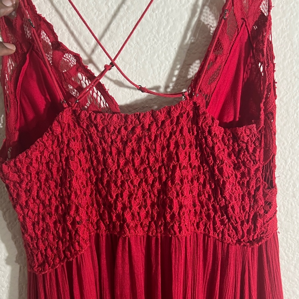 Free People Adella Red Lace Dress Boho SZ XL Beach Peasant Red Lace-Trim Swing - Picture 10 of 12